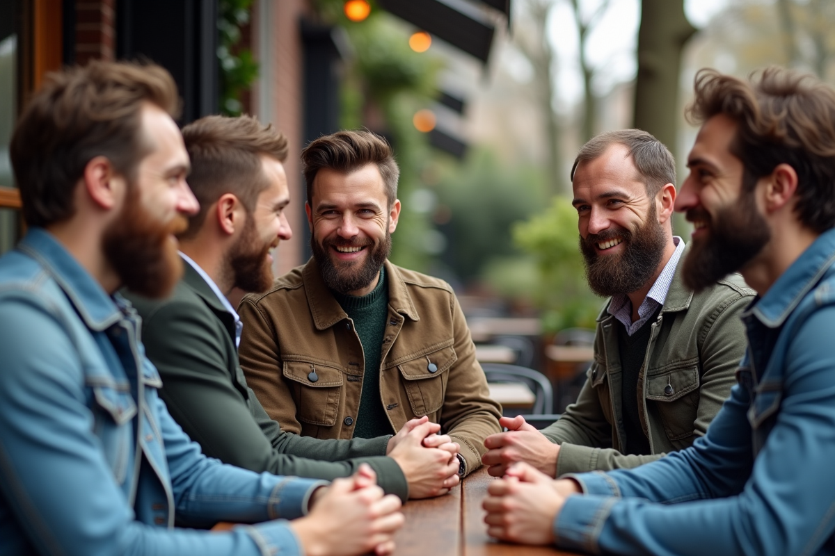 Groupe d hommes avec différentes barbes au café en ville