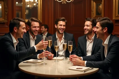 Groupe d'hommes en costume souriants lors d'une c&eacute;l&eacute;bration dans un restaurant chic
