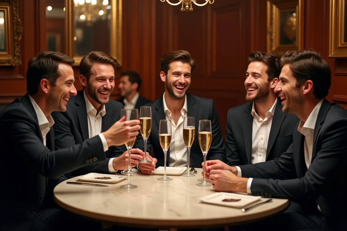 Groupe d'hommes en costume souriants lors d'une célébration dans un restaurant chic