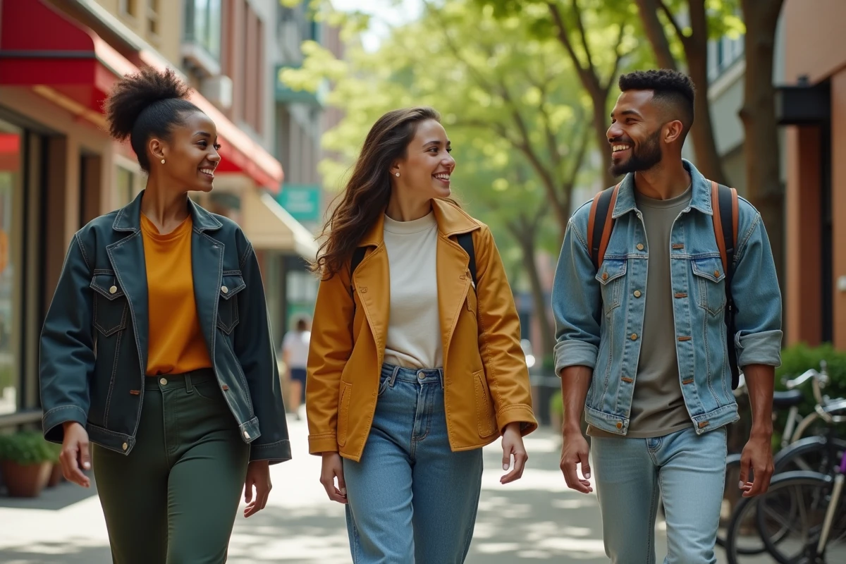 Groupe de jeunes en streetwear écologique marche en ville