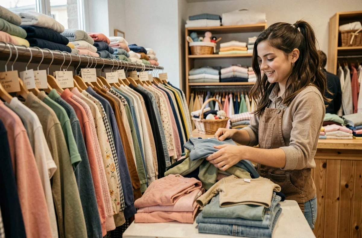 L'intérieur du dépôt-vente Habille-toi et ses petits pois à Rezé avec des vêtements d'occasion pour enfants sur des portants
