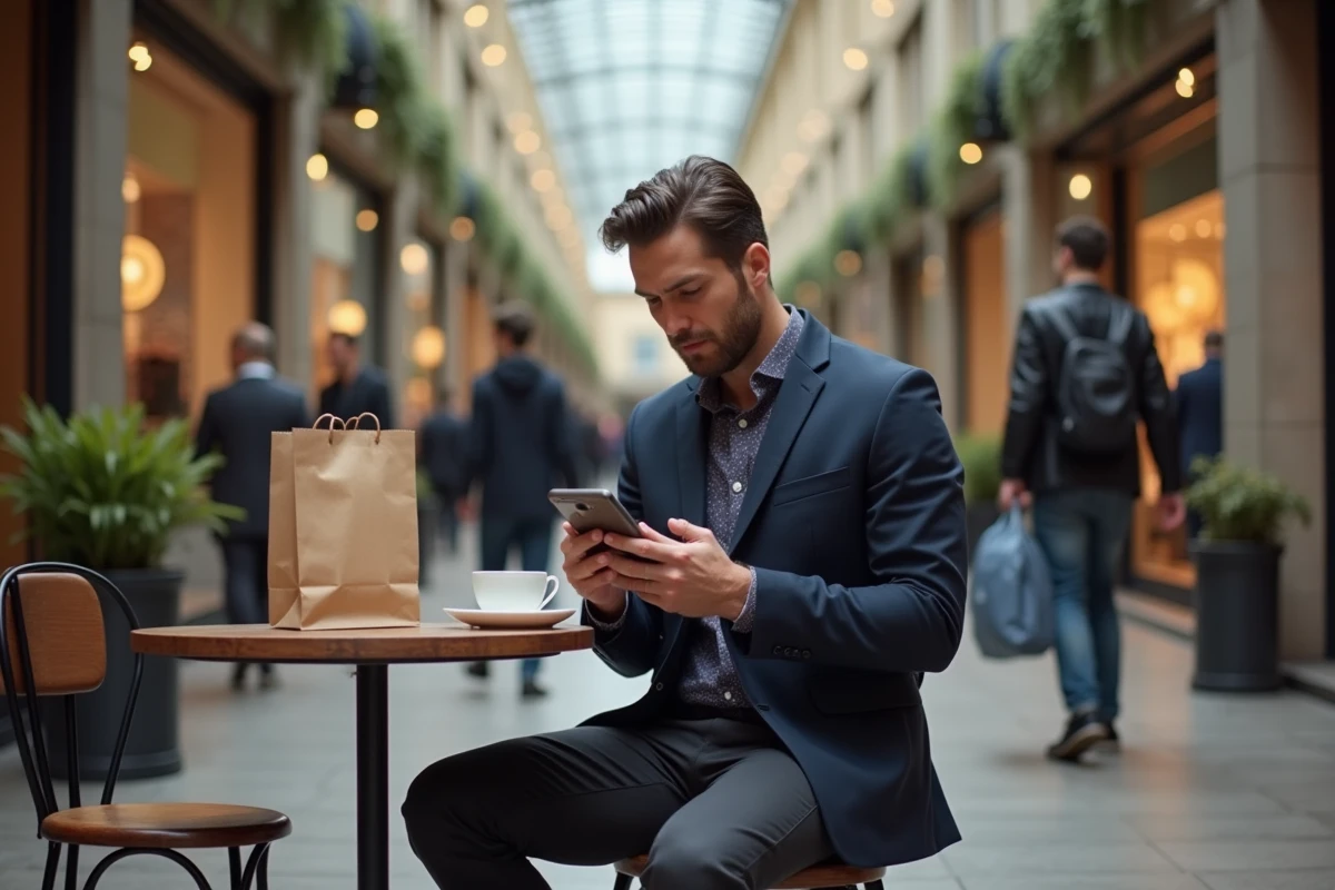 Homme d'affaires en pause café dans l'espace restauration du Centre Commercial Montparnasse