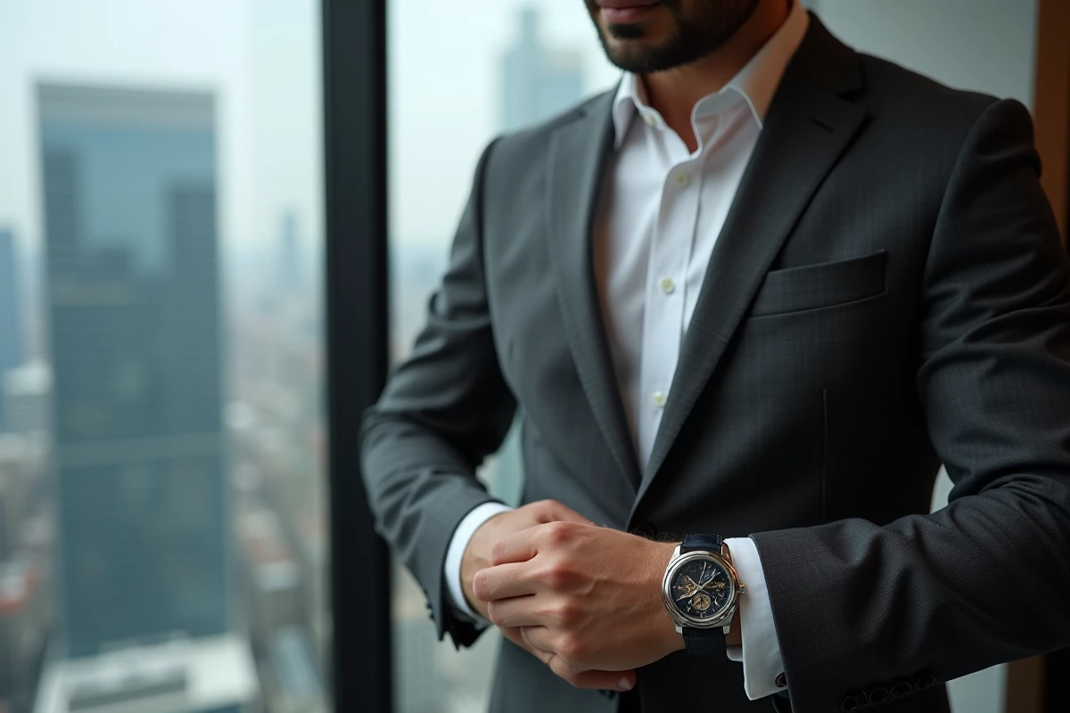 Homme en costume ajustant une montre tourbillon en platine devant une fenêtre panoramique sur un quartier financier