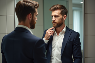 Homme en miroir vérifiant sa barbe bien taillée