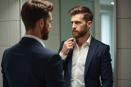Homme en miroir vérifiant sa barbe bien taillée