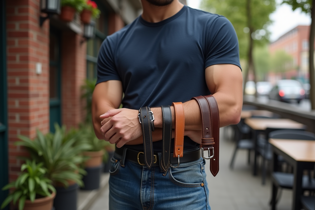 Homme souriant avec plusieurs ceintures en ville