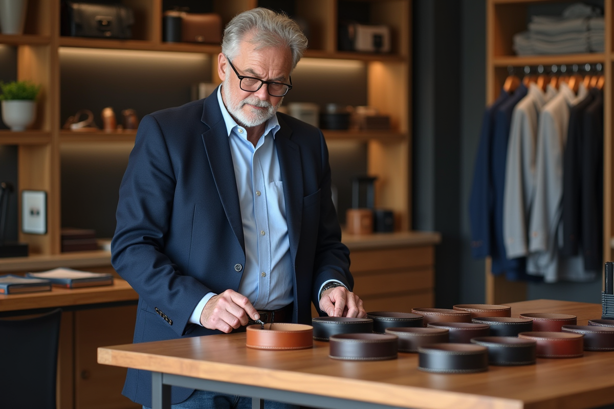 Homme mature choisissant une ceinture dans une boutique chic