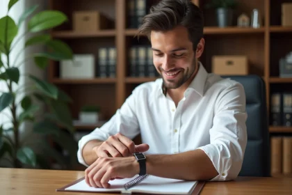 Homme en chemise blanche ajustant un bracelet en cuir dans un bureau minimaliste