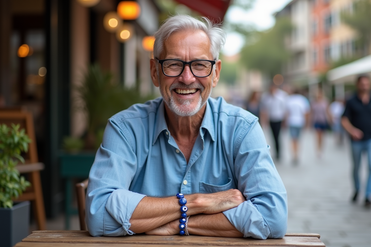 Homme âgé portant un bracelet œil traditionnel bleu