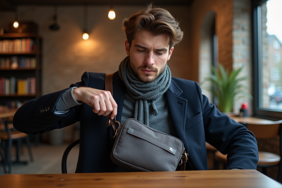 Homme au café ajustant sac en toile sur l