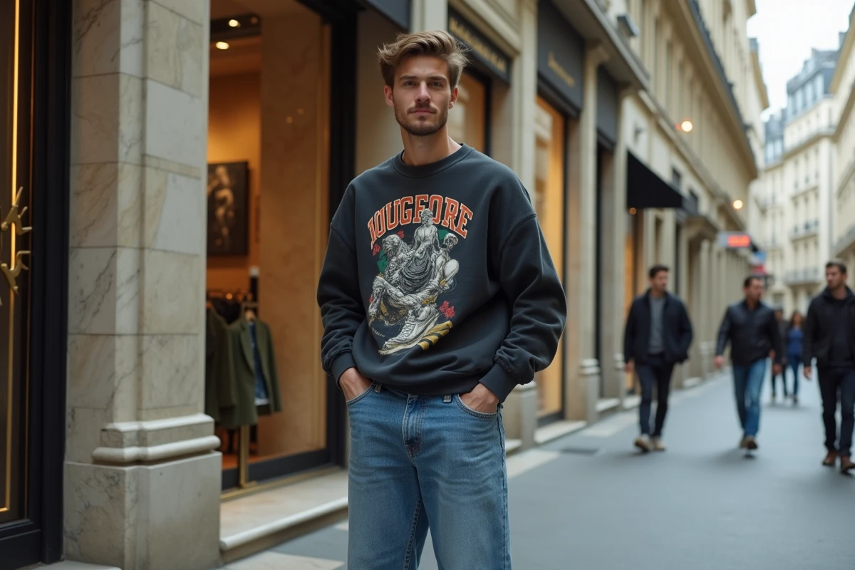 Jeune homme portant des chaussures Balenciaga chunky moches devant une boutique de luxe parisienne, look streetwear haut de gamme assumant une esthétique volontairement laide