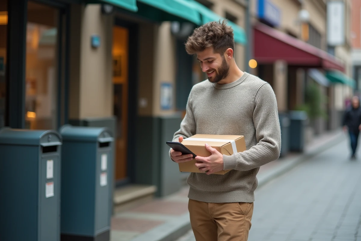 Homme tenant un colis dans une rue urbaine avec bo&icirc;tes aux lettres