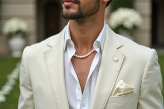 Homme en costume lin ivoire portant un collier en perles naturelles lors d'une cérémonie de mariage en extérieur