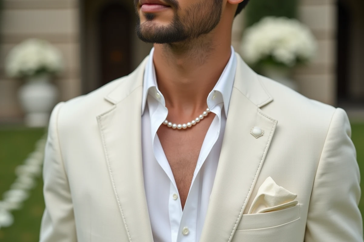 Homme en costume lin ivoire portant un collier en perles naturelles lors d'une cérémonie de mariage en extérieur