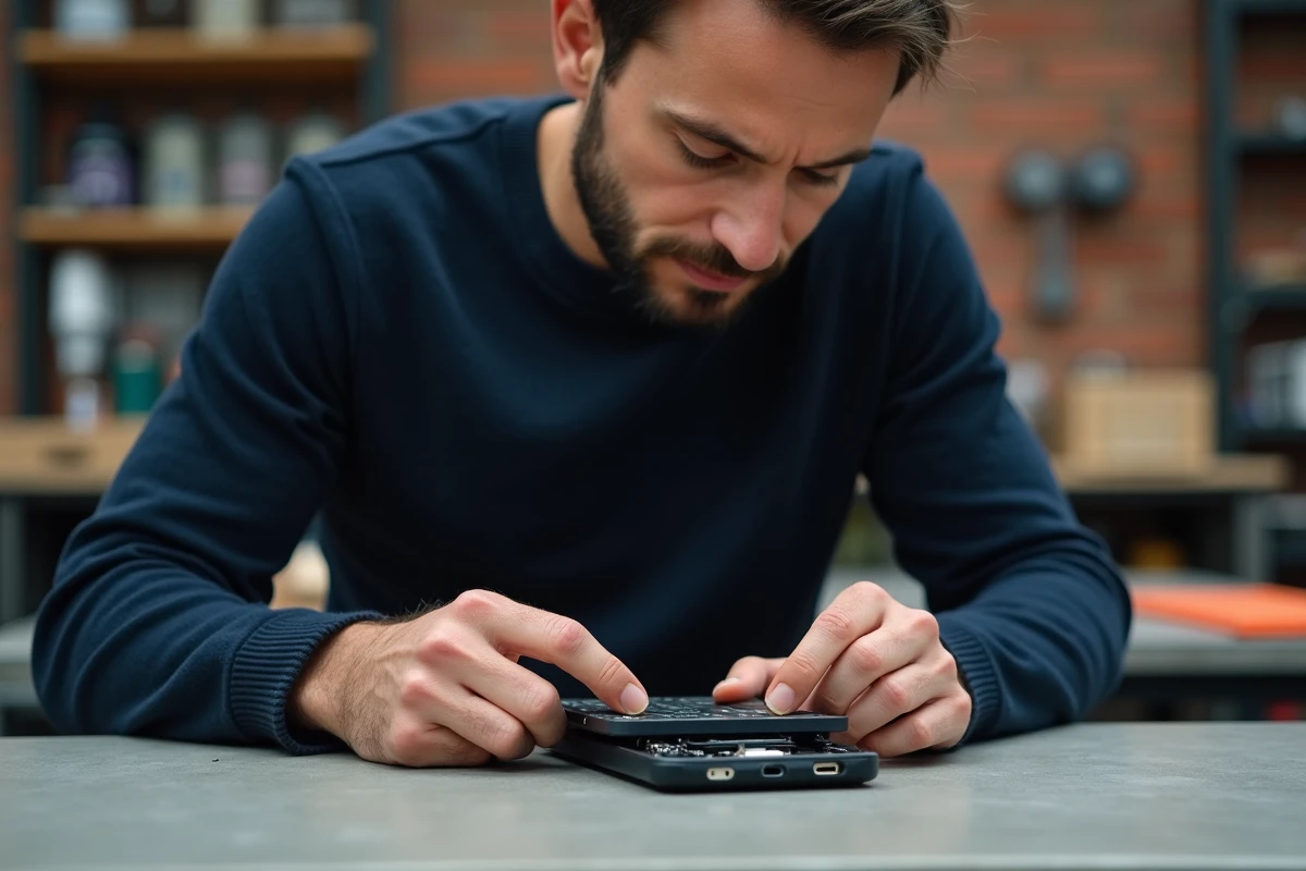 Homme installant une coque téléphone robuste et design sur un établi en béton dans un atelier urbain