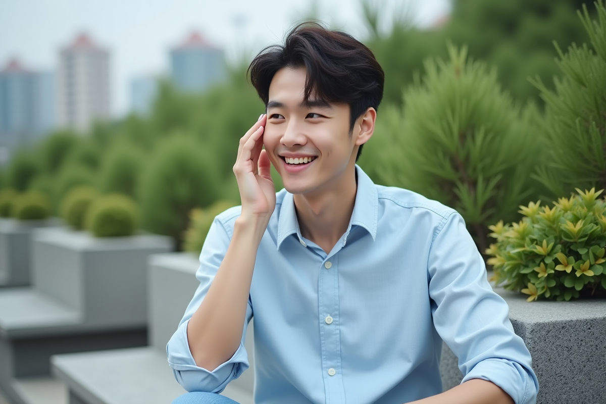 Homme coréen utilisant un spray de soin dans un jardin