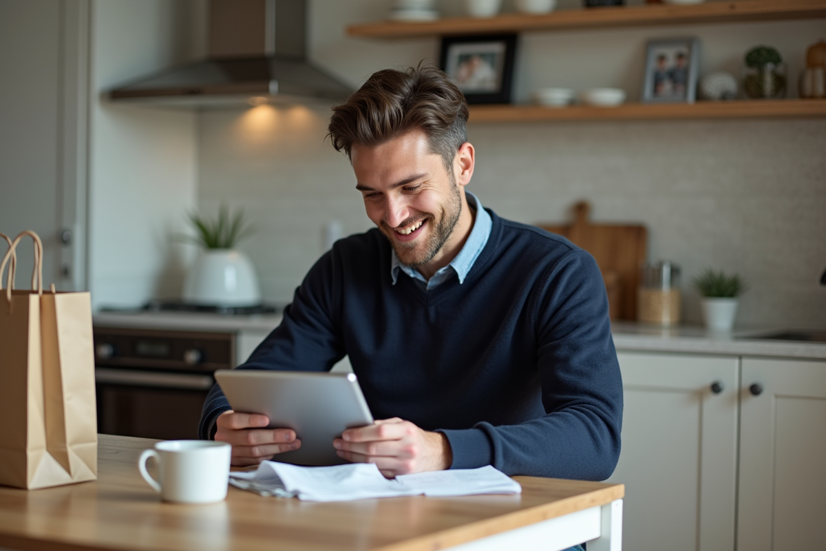 Homme détendu avec tablette dans une cuisine moderne