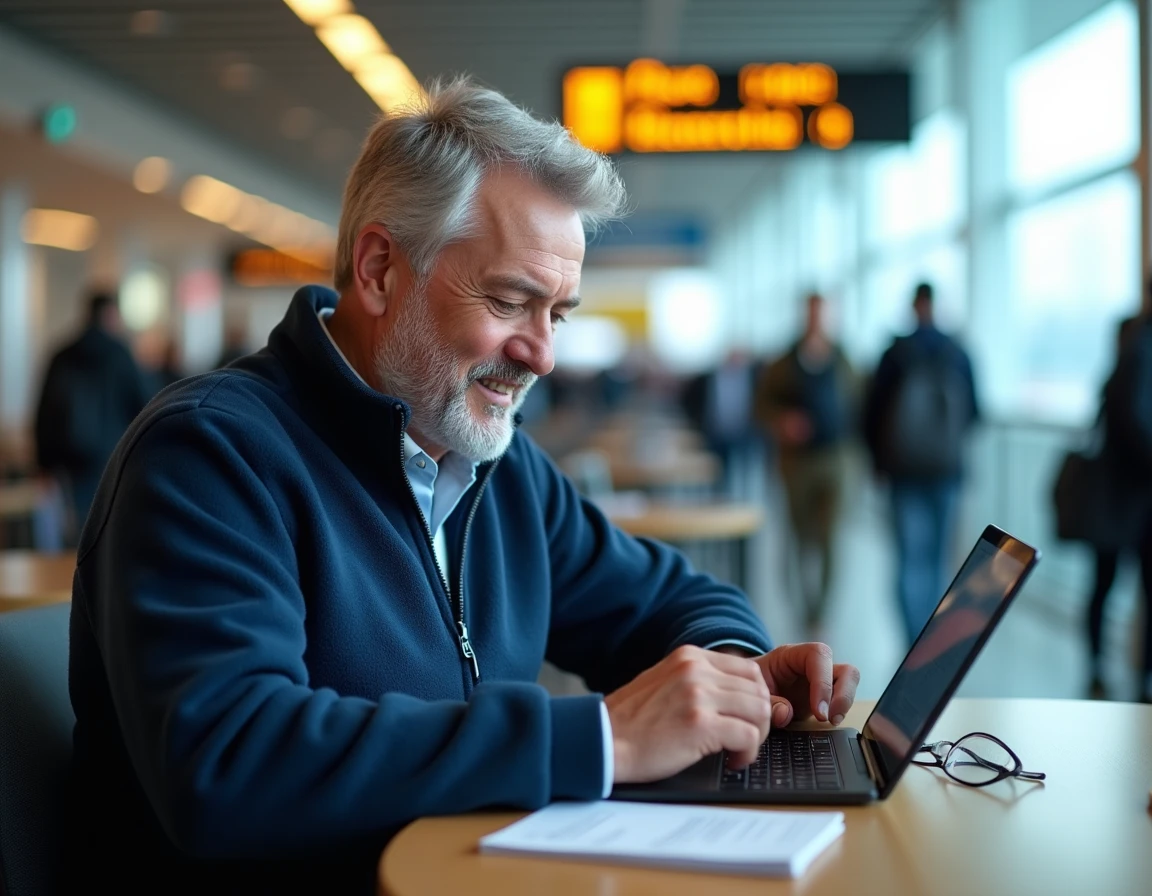 Homme en veste Damart utilisant une tablette pour contacter le service client dans un terminal d'aéroport international
