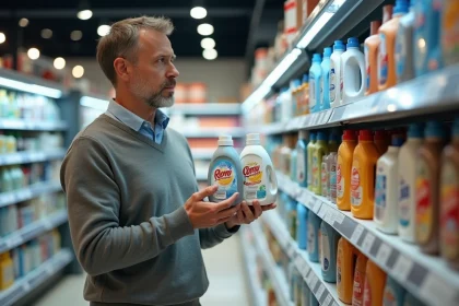 Homme examine deux bouteilles de lessive en supermarche