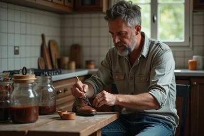 Homme appliquant teinture naturelle sur une chaussure en cuir