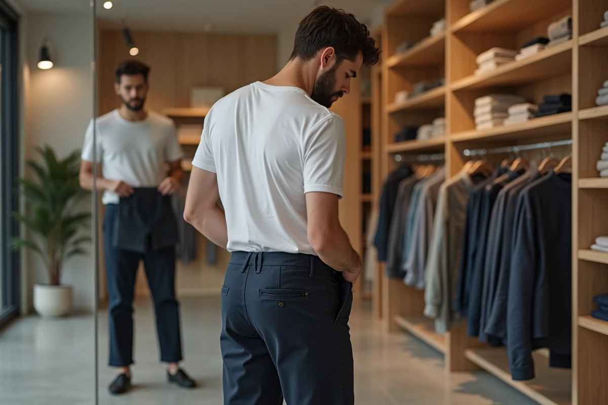 Homme essayant un pantalon taille 30 devant un miroir en boutique de vêtements minimaliste