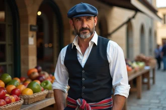Homme français en beret dans un marché rural authentique
