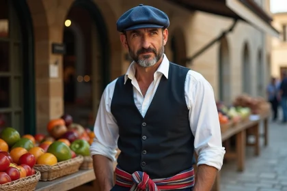 Homme fran&ccedil;ais en beret dans un march&eacute; rural authentique