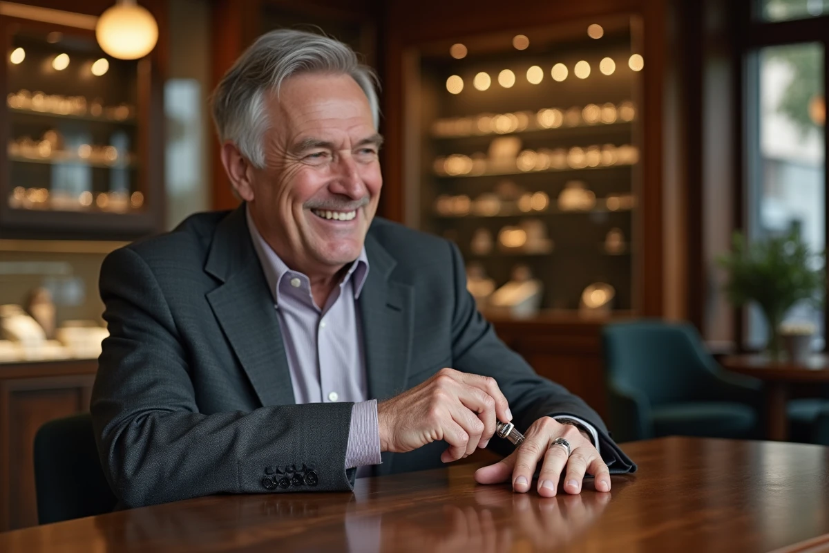 Homme mesure une bague avec un jaugeur dans une boutique