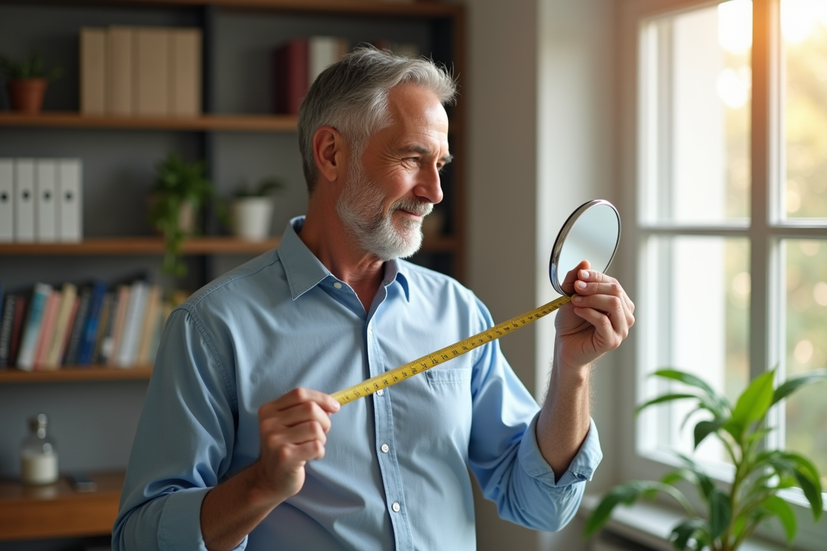 Homme mesurant la largeur de ses pommettes