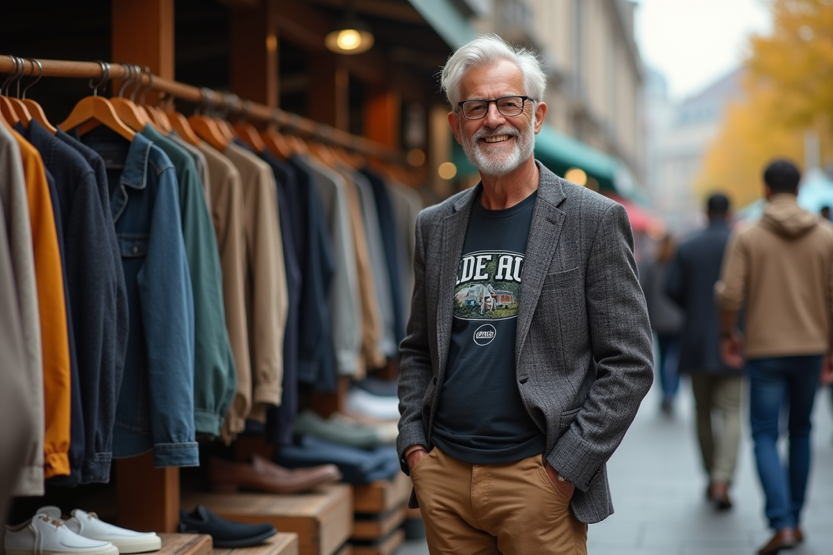 Homme d age moyen assemble tenue urbaine en marché