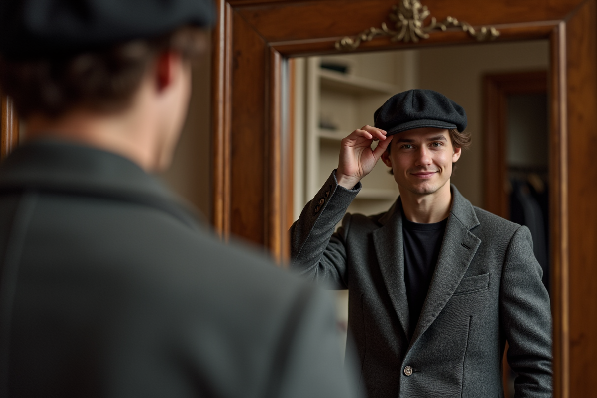 Homme ajustant son chapeau dans un intérieur vintage