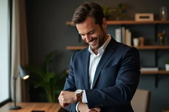 Homme élégant regardant sa montre dans un intérieur raffine