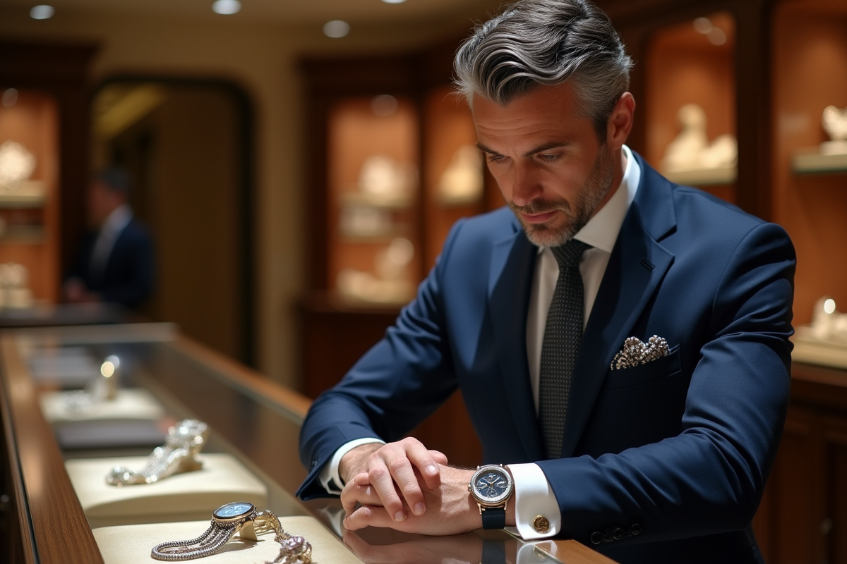Homme sophistiqué examinant une montre de luxe