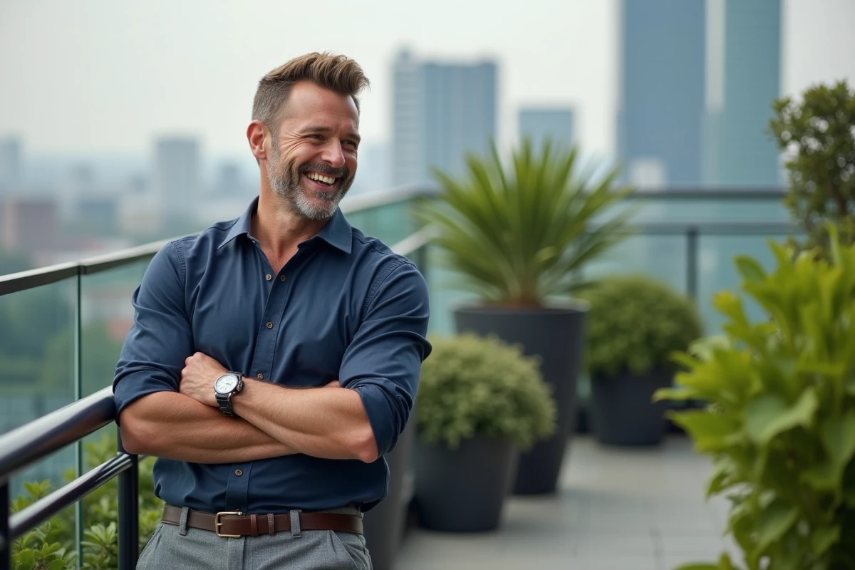 Homme confiant avec coupe mullet sur un rooftop urbain