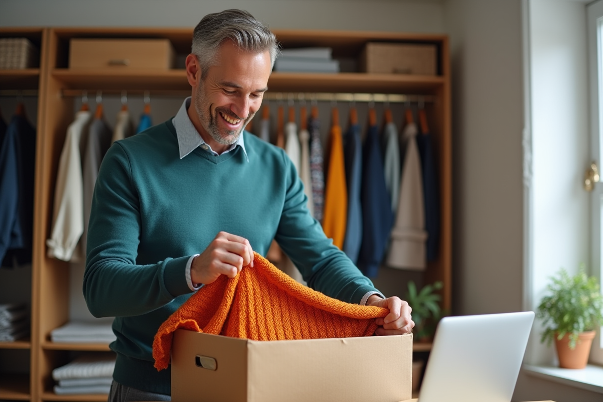 Homme pliant un pull pour vente en ligne dans son bureau