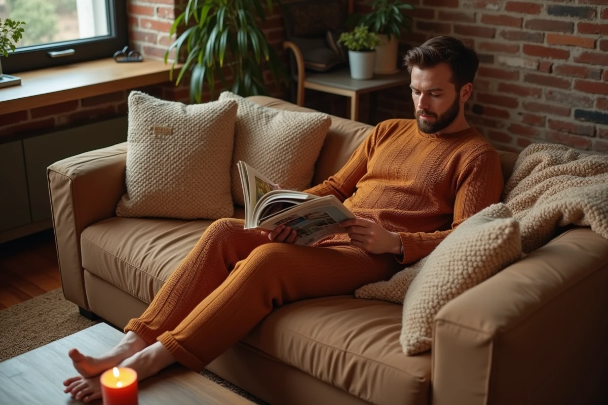Homme en pyjama pilou maille thermique caramel allongé sur un canapé avec une couverture épaisse