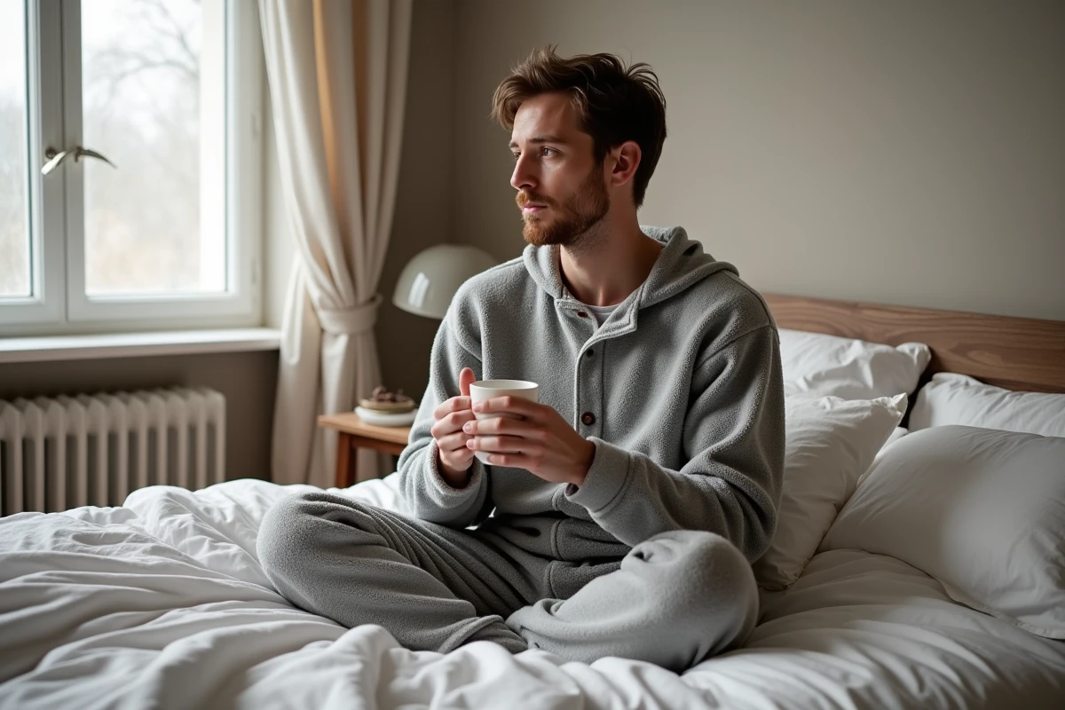 Homme en pyjama pilou polaire gris assis sur un lit avec une tasse, ambiance cosy chambre nordique
