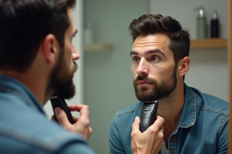Homme se rasant avec une tondeuse dans sa salle de bain