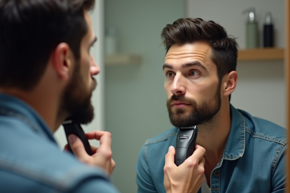 Homme se rasant avec une tondeuse dans sa salle de bain
