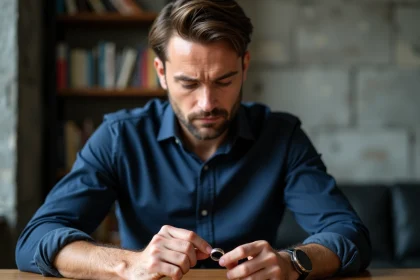 Homme pensif tenant une bague de fian&ccedil;ailles masculine