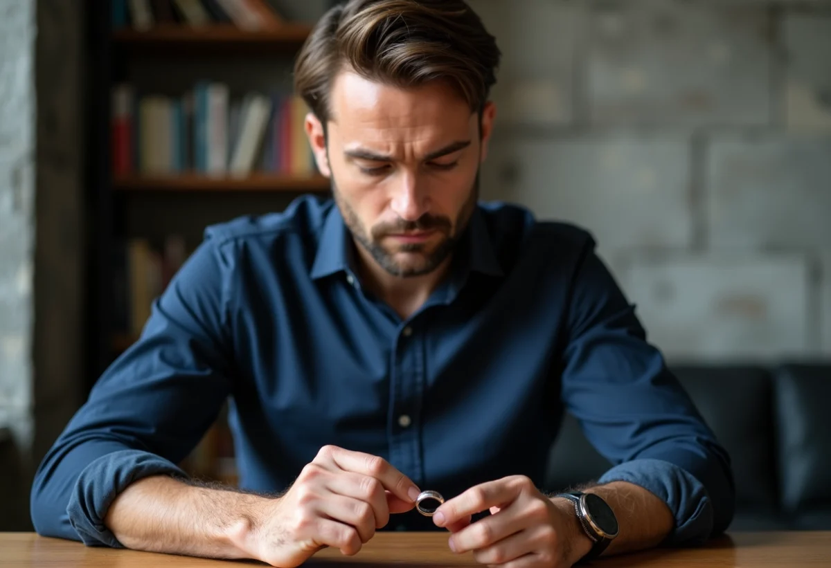 Homme pensif tenant une bague de fiançailles masculine