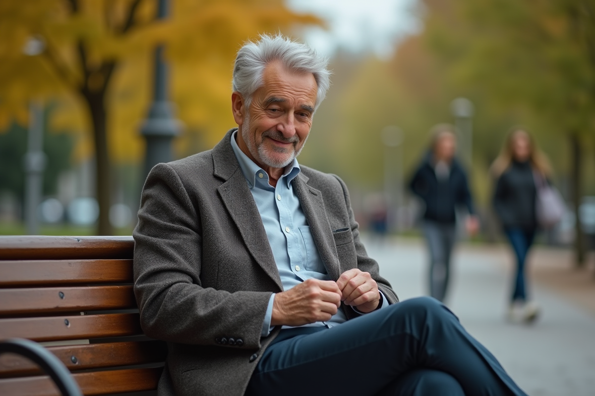 Homme cousant une boutonnière en plein air dans un parc urbain