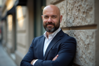 Homme chauve en blazer navy face caméra