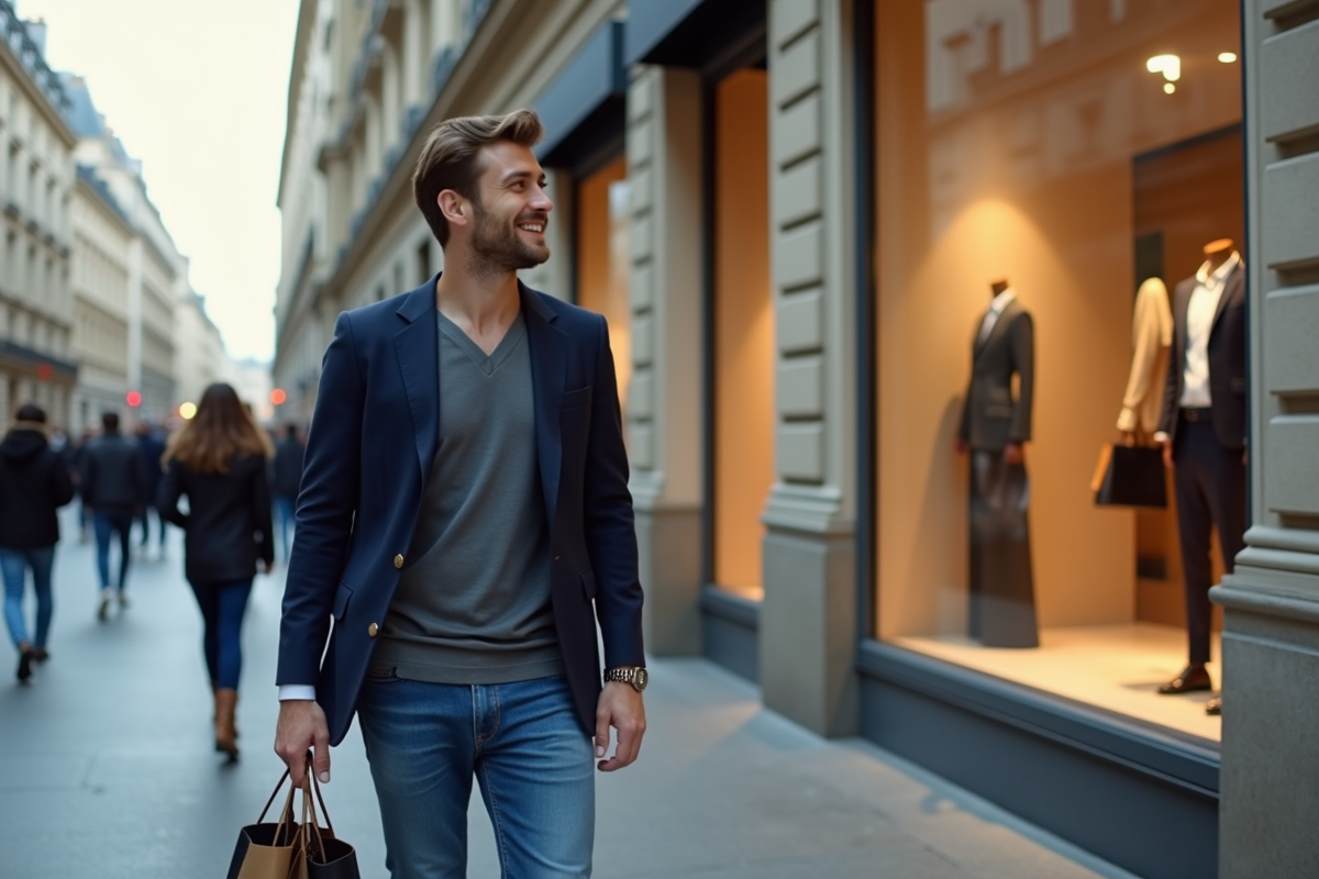 Jeune homme avec sacs à la mode dans la rue parisienne