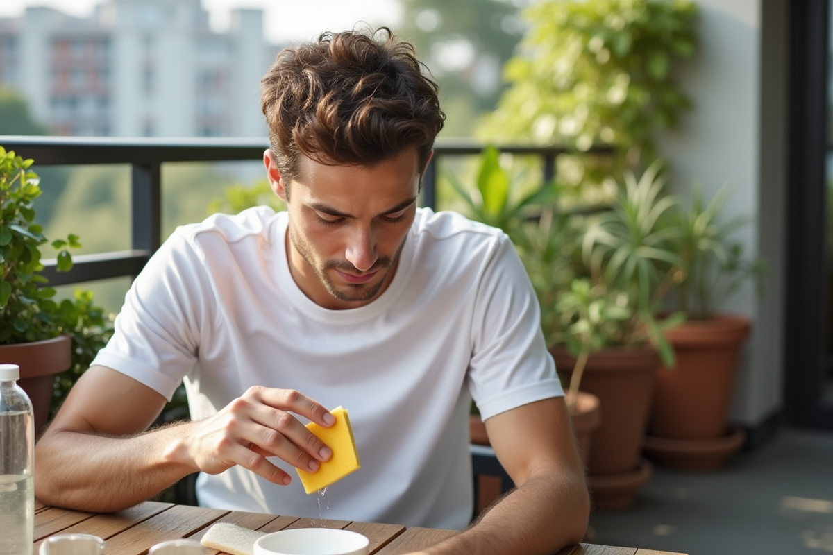 Jeune homme appliquant une solution sur une tache de sueur