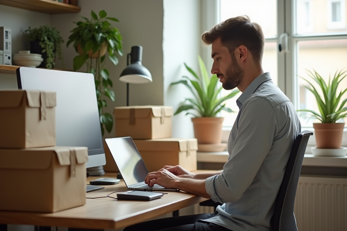 Homme travaillant à son bureau avec colis pour revente