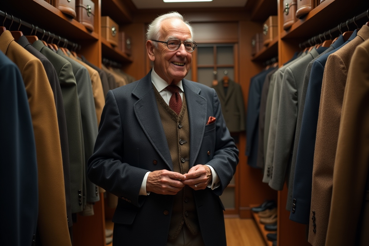Homme âgé en costume tri-matière dans un dressing vintage