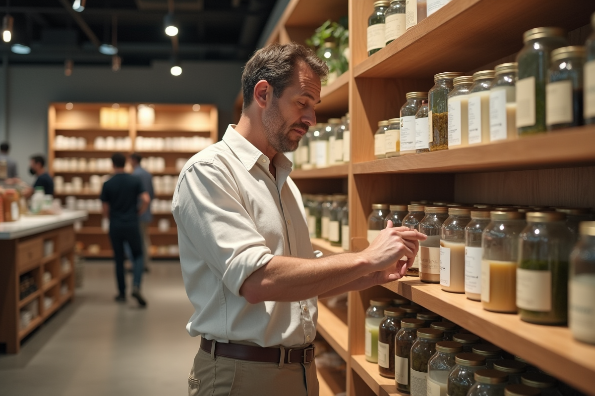 Homme examine produits ecologiques dans une boutique zero waste