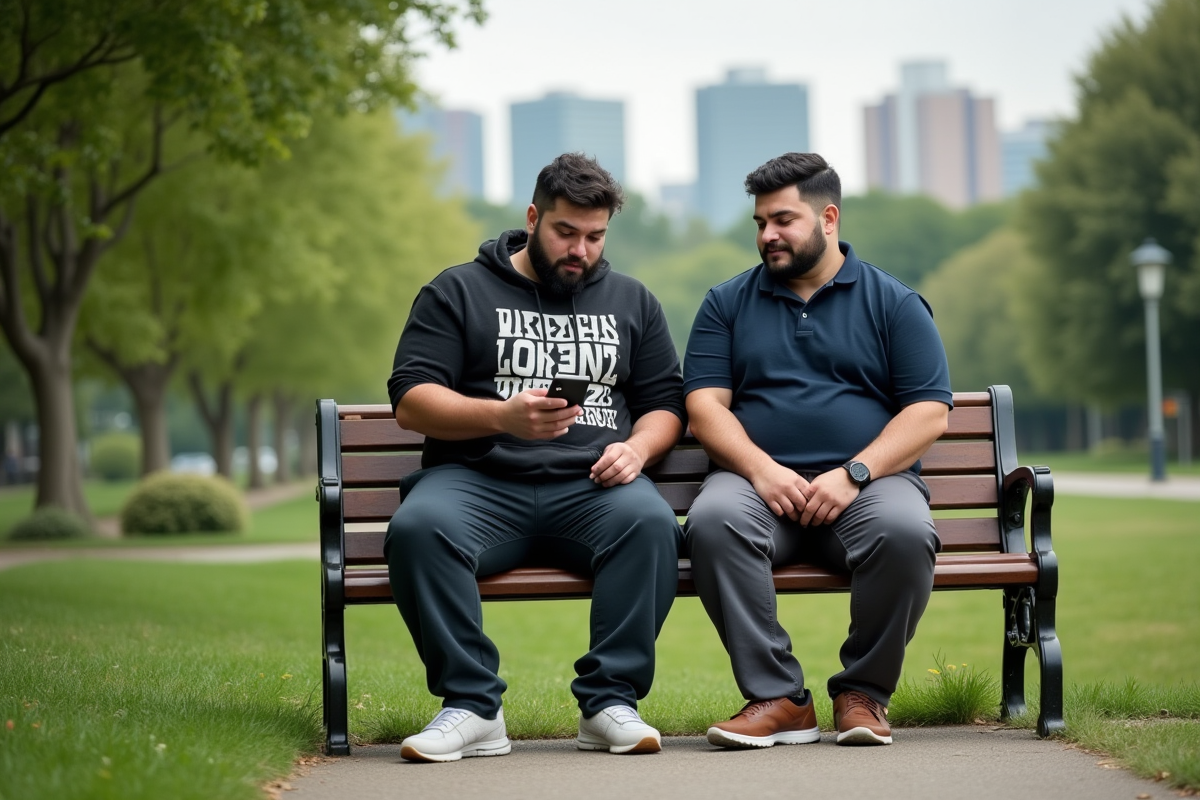 Deux hommes plus size assis sur un banc dans un parc