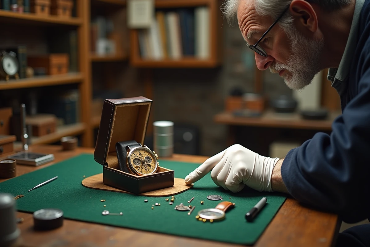 Horloger en gants blancs inspectant un chronographe vintage dans un atelier traditionnel entouré d'outils de précision